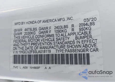 2020 Honda Accord Touring z USA, uszkodzony, nr VIN 1HGCV2F93LA018119